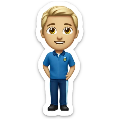 Un adolocente con uniforme de la escuela tipo poloche azul y pantolones azul oscuro saludando sticker