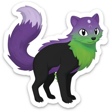 Black-purple-green-gradients Trico-Sergal-Furret-Ferret-Wolverine-Vernid-fusion-Fakemon-animal-hybrid-creature, full body sticker