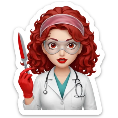 Scary woman scalpel in hand, evil surgeon sexy surgeon clothes.  She has red eyes. Her  brown long curly hair. Wears sexy doctor outfit with red gloves. make her hair free and brown but have mouthy  wear  mask  to hide. Wears white surgeon jacket and  face under a veil sticker