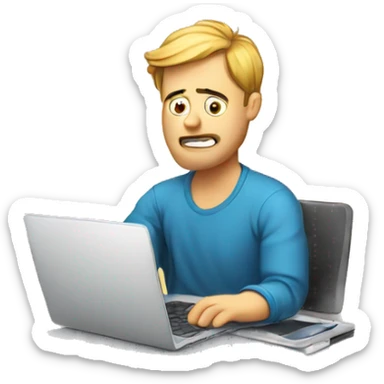 
a guy with a laptop is working and sweating from difficult work. comic style.
 sticker