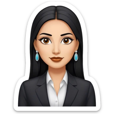 beautiful fit tall woman boss, with long straight black hair, with make up, black eye liner, little smile, mexican, brown skin, wearing beautiful profesional outfit and white earings sticker
