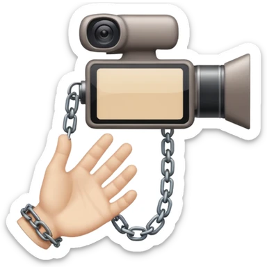 Minimalist emoji-style sticker of a human hand bound by a chain leading to a video camera. Icon-like, clean silhouette, muted tones. sticker