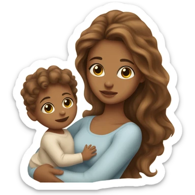 light Tan girl with long brown wavy hair and hazel eyes holding newborn baby boy in arms  sticker