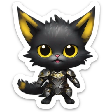 chibi monster hunter palico with all black fur on hind legs wearing armor and blepping and black face with yellow eyes sticker