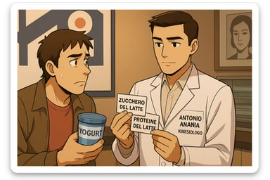 fai un webtoon manga a colori con questo stile, in cui un uomo ASCOLTA Il kinesiologo con il camice bianco (fagli anche la scritta "ANTONIO ANANIA" SUL CAMICE, IL KINESIOLOGO SPIEGA ALL'UOMO UNA COSA TENENDO DUE FOGLIETTINI IN MANO, UNO CON LA SCRITTA "ZUCCHERO DEL LATTE" E UNA CON LA SCRITTA "PROTEINE DEL LATTE". L'UOMO OSSERVA LO YOGURT CHE HA IN MANO CON ESPRESSIONE DUBBIOSA IN VOLTO. non fare i fumetti però, fai solo in modo che sembri stiano parlando sticker