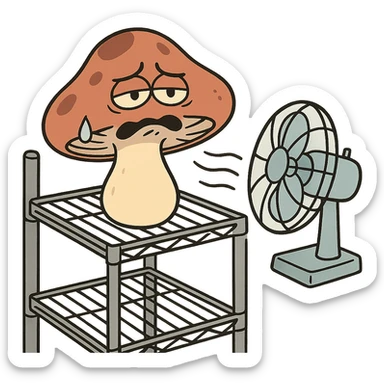 a cartoon style illustration of a mushroom on a rack with a fan pointed at it sticker