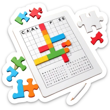 A colorful puzzle piece, a crossword magazine, a 3D puzzle, and a partially completed puzzle picture on a table. Bright colors, minimalist design, modern style. Transparent background, suitable for puzzles and brain games. sticker