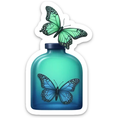  pastel green butterfly resting on an elegant blue perfume bottle with fork dark blue details. sticker