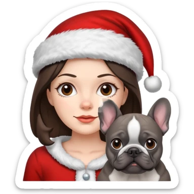 brunette woman with a dark grey French bulldog both wearing Santa sticker