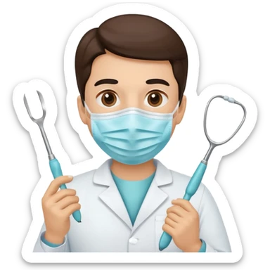 dentist with mask, holding dental tool sticker