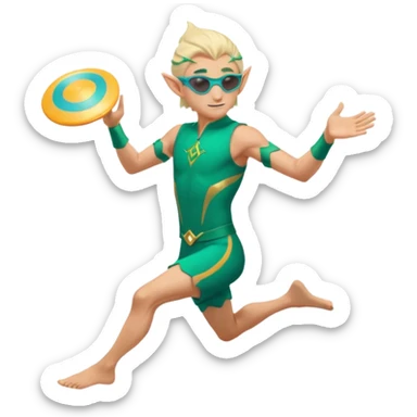 elf male legolas launching a frisbee woven from pure sunlight, wearing sporty teal swim shorts and performance sunglasses, pointy ears, dynamic motion lines, beach sky backdrop, centered emoji sticker