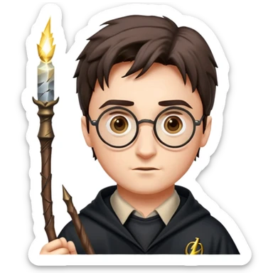 Harry Potter with glasses, lightning scar, and wand sticker