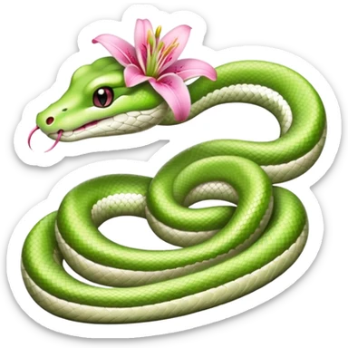 A cute light green and white snake with a pink lily flower on its head. sticker