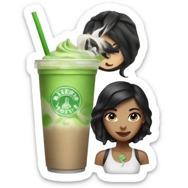 Girl with black hair and an iced matcha latte sticker