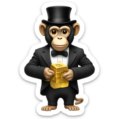 a monkey holding a block of gold in one hand with a banana in the other with a top hat on sticker