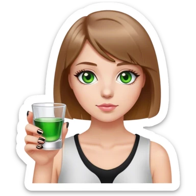 green eyes light brown hair white girl with short bob no bangs with a shot glass wearing black light pink nails sticker
