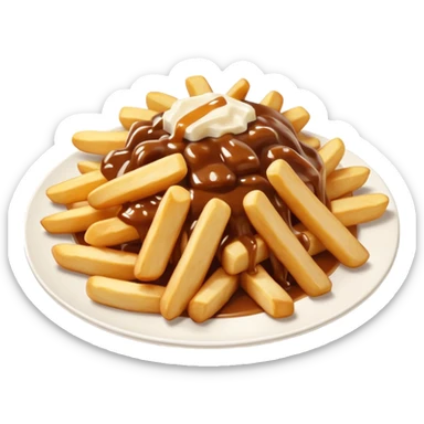 poutine, québec, white cheese curds with gravy on fries in a white plate sticker