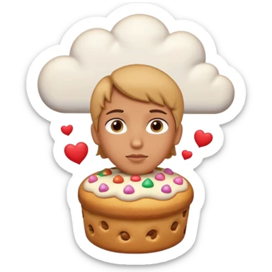 Apple-style emoji illustration of a person with dreamy eyes, and avobe them a thinking cloud with a traditionmal panettone inside, small hearts floating around, soft 3D emoji style, smooth gradients, rounded shapes, warm festive colors, simple expression. sticker
