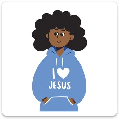 dark skin girl with dark brown short curly hair, wearing a blue hoodie with the text 'I heart Jesus' visible sticker