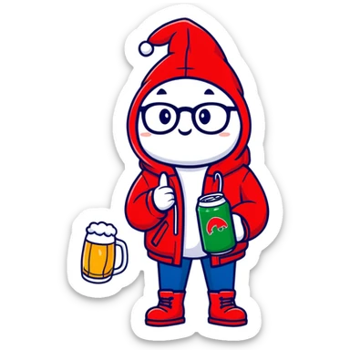 Catfish wearing a red hooded winter jacket, round glasses, blue jeans, red boots, holding a beer can with red label sticker