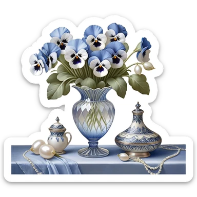 A carefully arranged still life featuring a crystal vase filled with an enchanting mix of soft blue and creamy white pansies, their petals unfolding like miniature works of art. A string of pearls is casually draped beside the vase, reflecting a subtle iridescence under candlelight. The backdrop is a hand-painted silk fabric in gentle shades of pearl and ivory, its smooth texture enhancing the refined beauty of the floral display sticker