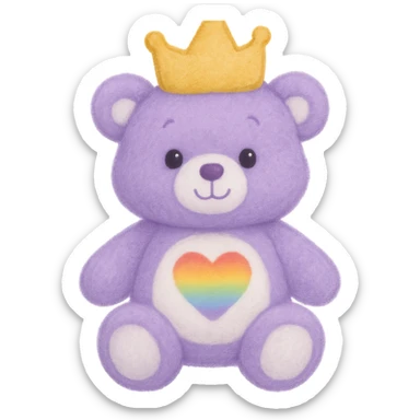 Add a soft and plush crown to the purple and white teddy bear with a heart-shaped rainbow patch. Keep the lighting flat with no shadows and no background. Maintain the plush texture and softness of the teddy bear in a style that respects the original look. sticker