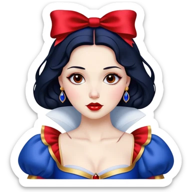Cinematic Stunning Snow White Portrait Emoji, Fair skin glowing like porcelain, ruby-red lips, deep brown eyes full of kindness, raven hair framed by her iconic red bow, wearing her royal blue and gold gown, exuding timeless beauty and grace! sticker