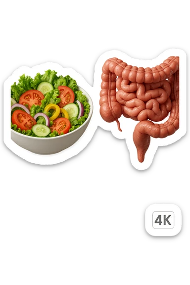 bowl di insalata fluttua in aria insieme ad intestino umano anatomico realistico, IPERREALISTICO 4K sticker