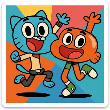 Gumball and Darwin, two cartoon characters, in a playful pose, vibrant toon style sticker