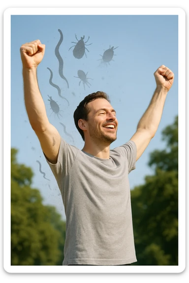 a man stands outdoors in bright sunlight, arms raised in relief and joy, while faint, shadowy silhouettes of parasites fall away from his body and dissolve into the air. His posture is upright and energetic, his expression serene and healthy. The background features green trees and a clear sky, emphasizing liberation and restored well-being. sticker