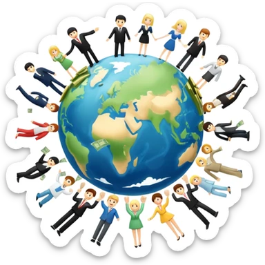 Money flying around the earth, surrounded by people who buy yachts and cars and mansions sticker