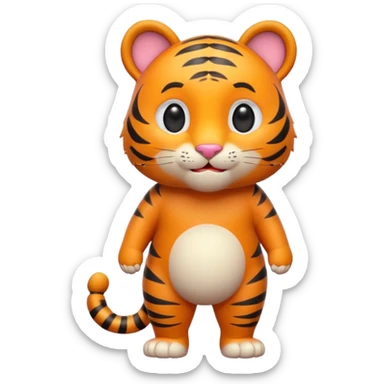 Cute tiger emoji, full body, standing pose, smiling face, big round eyes, orange fur with black stripes, chubby and adorable, short legs, small ears, 3D emoji style, smooth shading, bright colors, simple clean design, transparent background sticker