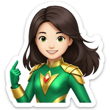 Green power ranger, Asian girl with fair skin and long dark brown hair, make her smile sticker