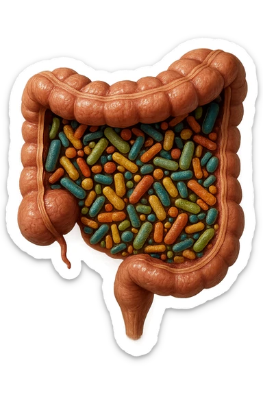 COLON DI UN INTESTINO UMANO ANATOMICO CON ALL'INTERNO PIENO DI BATTERI INTESTINALI, IPERREALISTICO 4K sticker