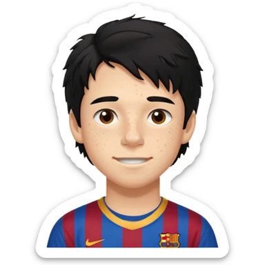 Un chico con pelo largo, desordenado y negro, tiene pecas, brackets, ojos cafés oscuros y con una camisa del Barcelona sticker