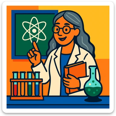 woman science teacher with long graying hair, at a lab table with test tubes, in vibrant toon style sticker