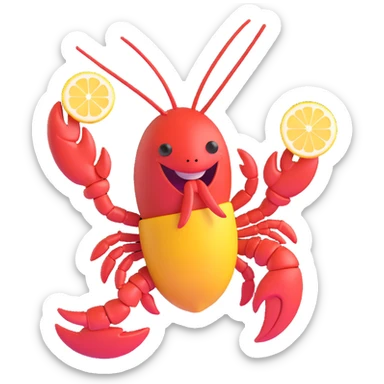 playful lobster holding a lemon in its mouth while twirling, emoji style sticker