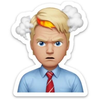 A guy with blonde hair and blue eyes that looks masculine. make him wear a shirt with a tie. he is danish. He is very angry with a red face and steam above his head sticker