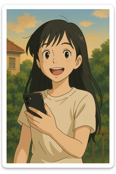smiling white girl with long black hair holding cellphone sticker