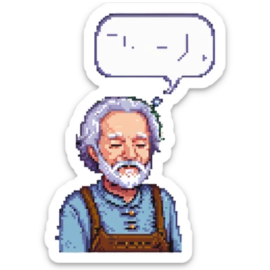 Homer, the ancient Greek blind poet, elderly with a beard and closed or unfocused eyes, pixel art style, with a speech bubble that says 'I sing of heroes' sticker
