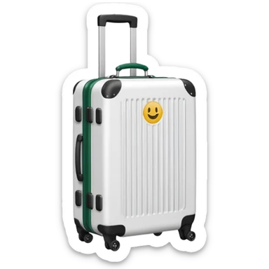 white ribbed suitcase on wheels with handle, corners, handle and wheels dark green, emoji style sticker