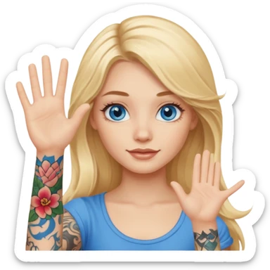 blonde girl with long hair blue eyes waving hello with tattoos sticker