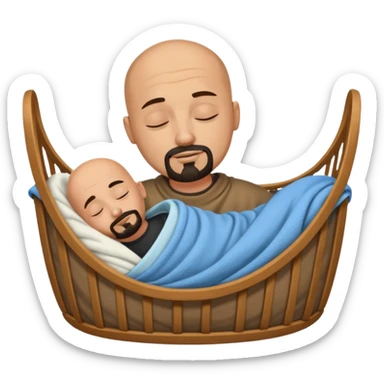 a man who is tan and bald with a black goatee sleeping in a cradle sticker