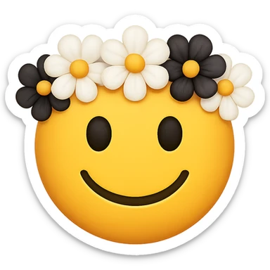 yellow face with white and black flower crown emoji, digital illustration, remove background sticker