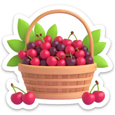 A basket of cherries in iOS 3D style, with a mix of red and dark red cherries, green leaves, and a wooden basket with a green band, in a detailed and realistic yet stylized 3D appearance sticker