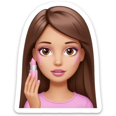 Barbie girl a brown long Straight hair and brown eyes is In pale pink smears by hand cosmetic cream on her face sticker