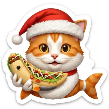 Happy Cat wearing a Santa hat and holding  a fish taco  sticker