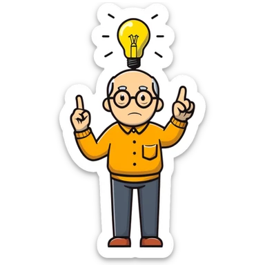 elderly man pointing his finger up at a light bulb, pretending that he has an idea sticker