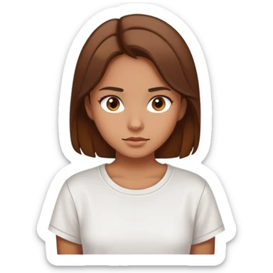 Girl with tan skin, thick brown hair, brown eyes, loose white tshirt sticker