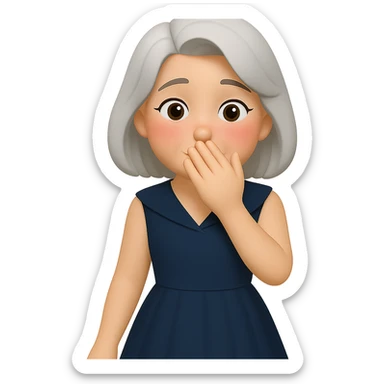 Make the character look more bashful with a shy expression. Ensure her hair is fully visible and not cropped. Keep the retro cocktail dress and the hand covering the mouth as in the original. The style should resemble emoji style with a transparent background. sticker